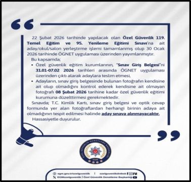 Özel Güvenlik 119. Temel Eğitim ve 95. Yenileme Eğitimi Sınavı